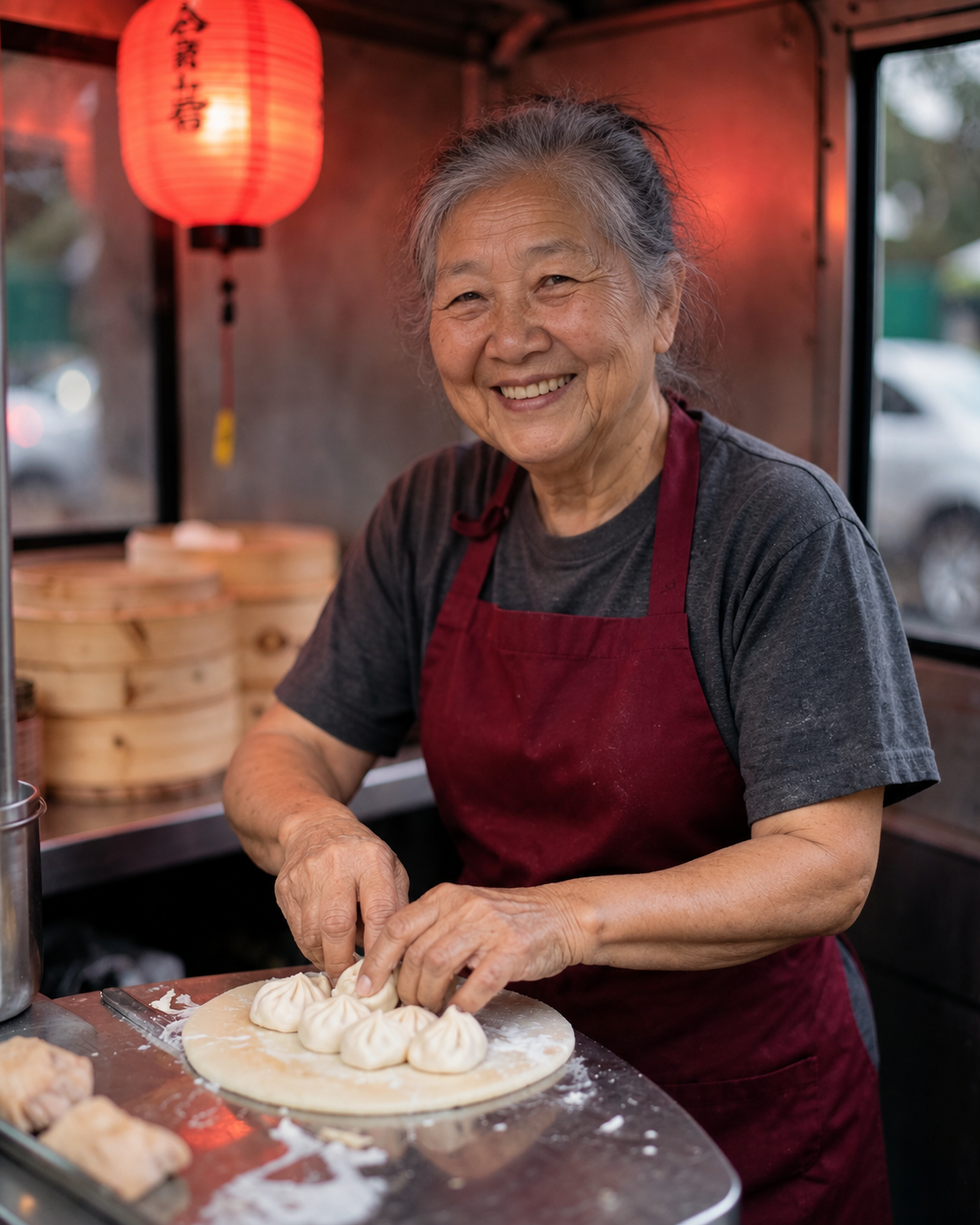 Founder Tao folding dumplings inside the food van