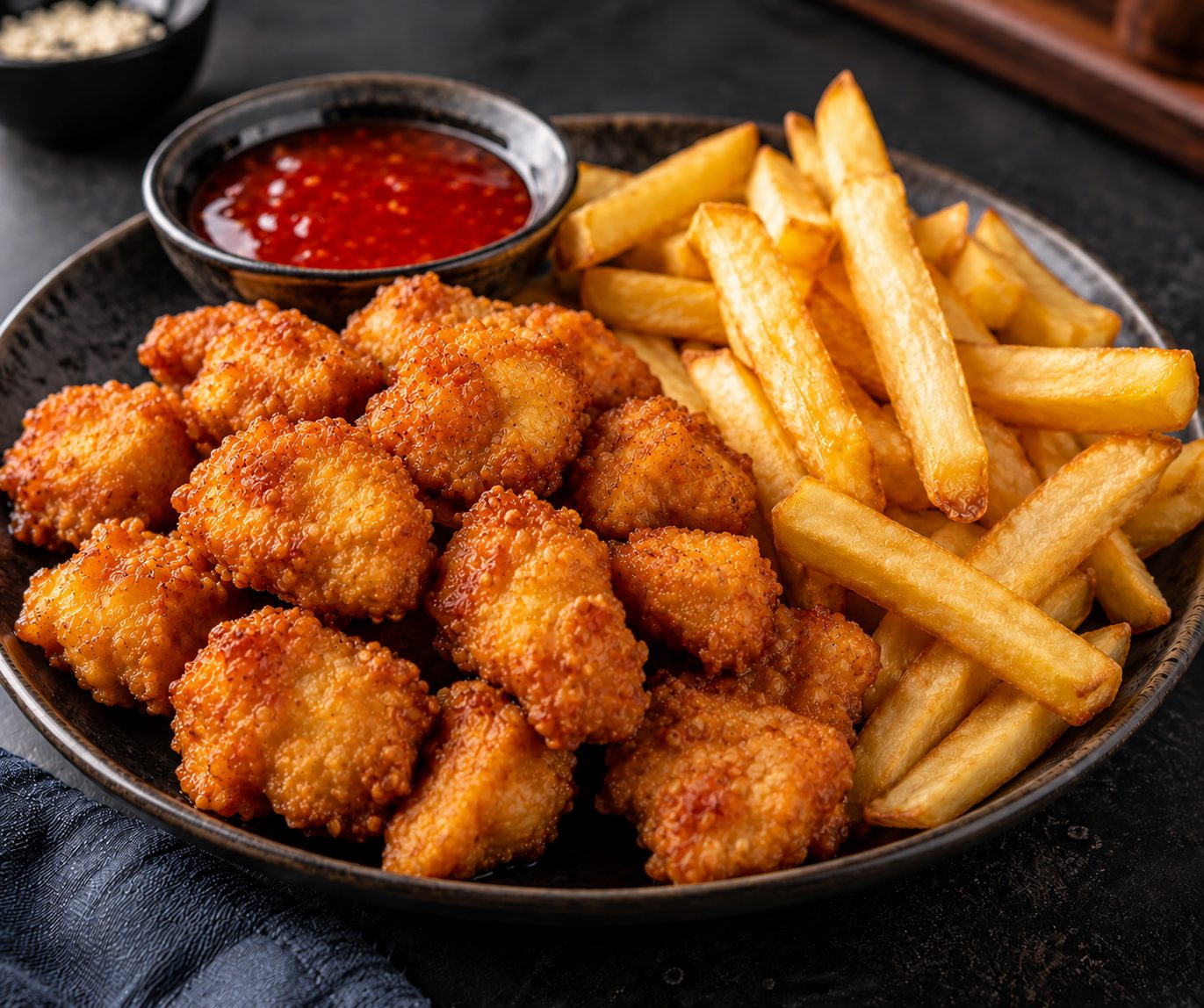 Kids meal of crispy chicken bites with chips and sweet chilli dip