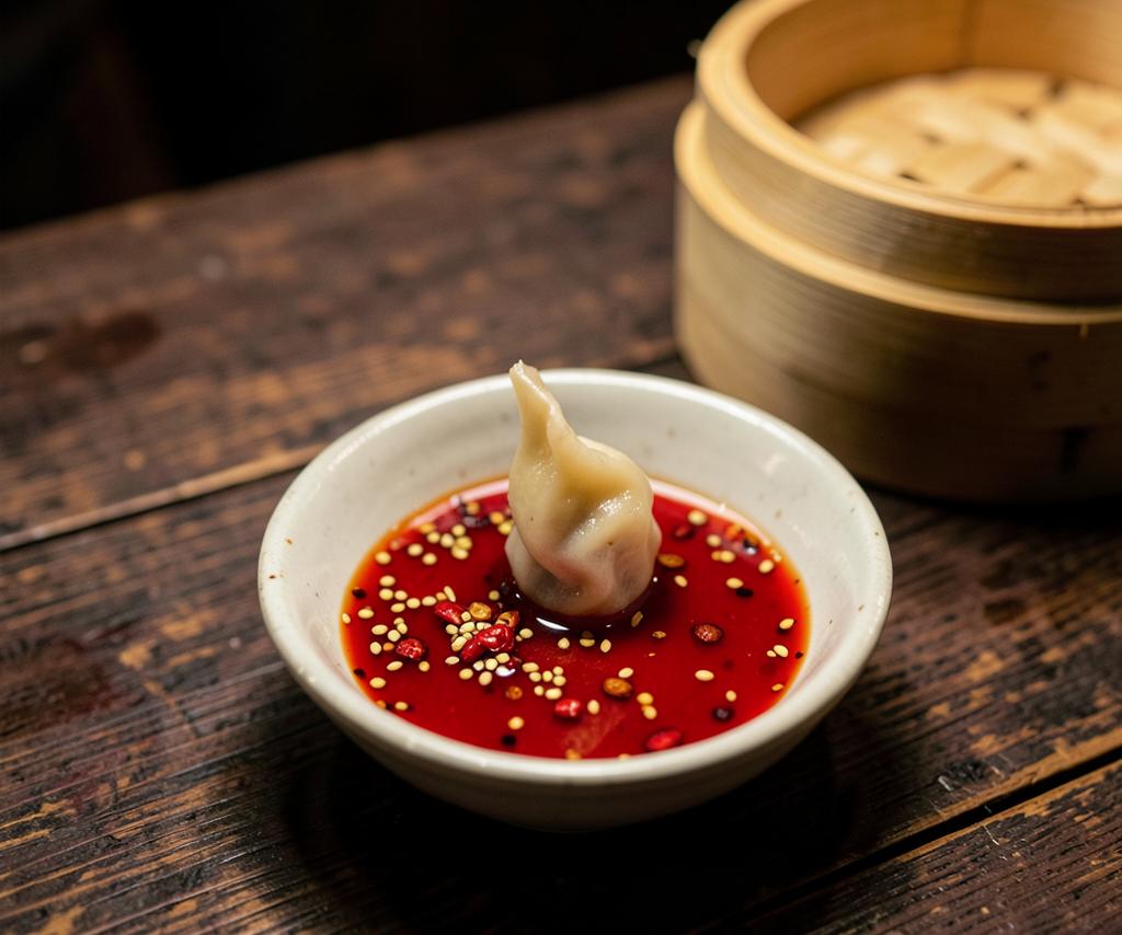 Bowl of house-made red chilli oil dumpling dipping sauce