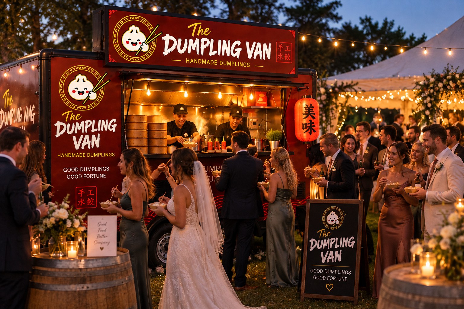 The Dumpling Van's red trailer serving wedding guests at an evening marquee event, with string lights and red lanterns